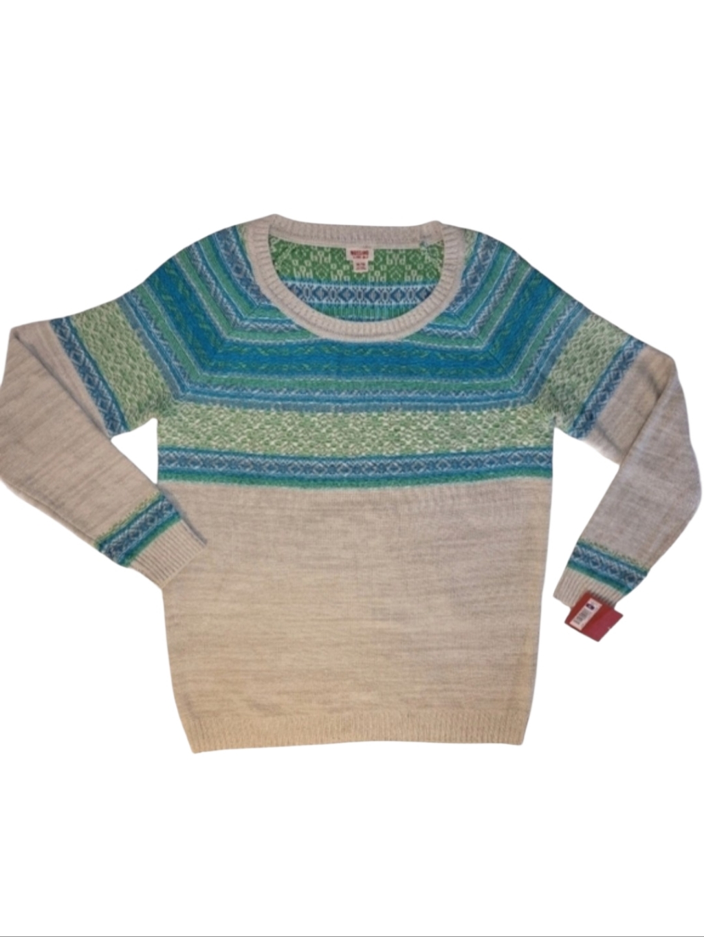 Mossimo Supply Co Fair Isle Striped Knit Oatmeal Blue Green Sweater Size Xl